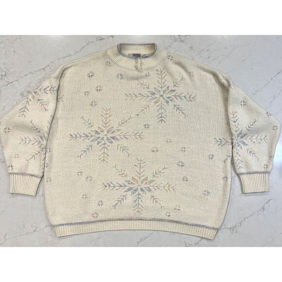JP Collection Plus 26 / 28 Vtg Cottage Core Winter Sweater Cream Snowflakes - Picture 1 of 9